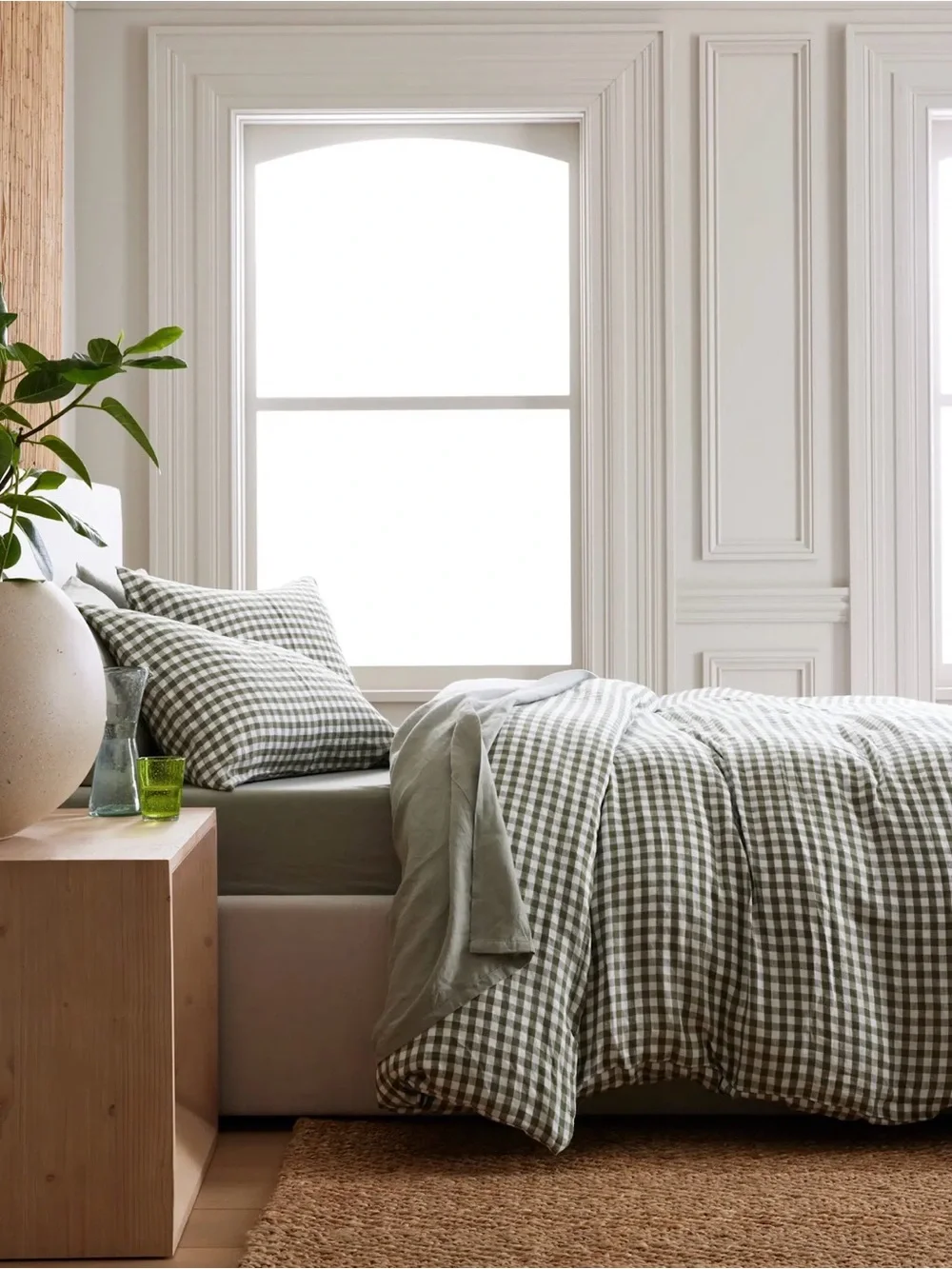 Quince NWOT European Linen Gingham Duvet Cover Set in Olive King/Cal King 1248